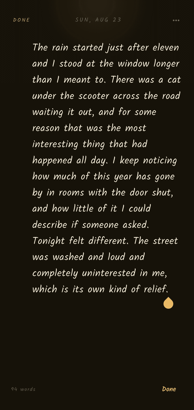 A Folios journal entry filling the screen in a handwriting font on dark ruled paper.
