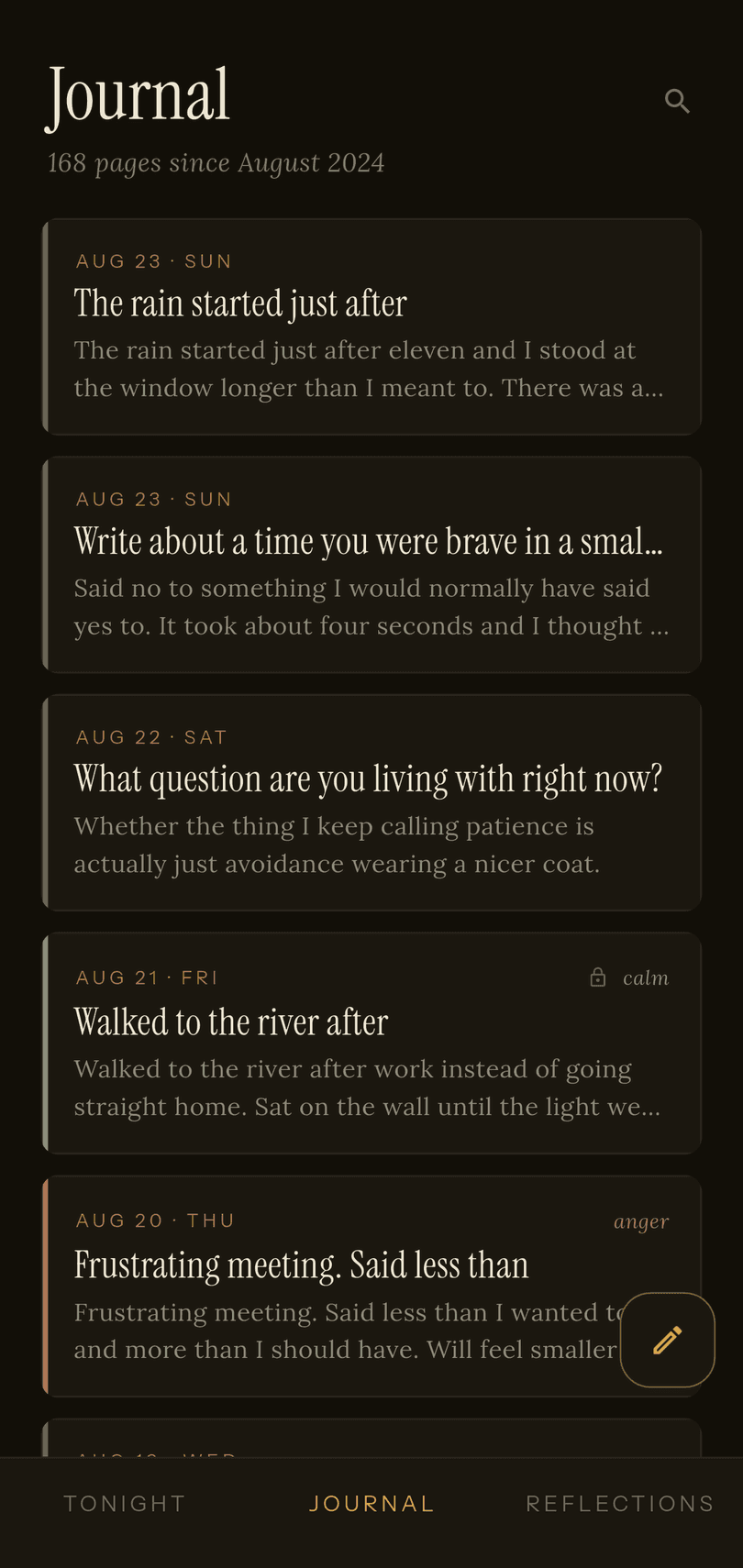 The Folios journal list showing dated entries with mood labels.