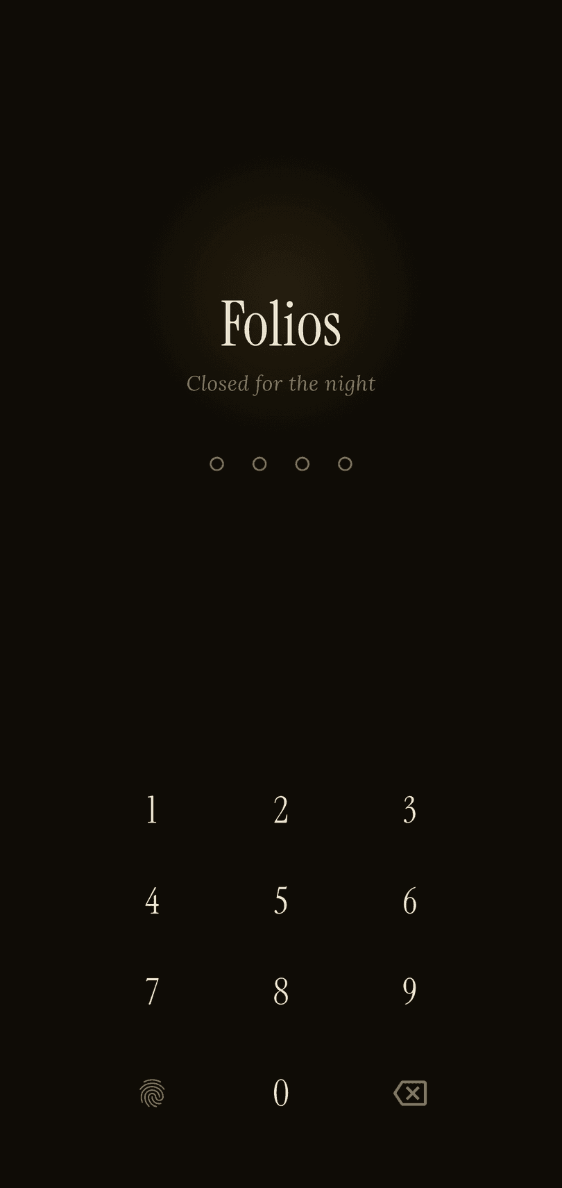 The Folios lock screen with a numeric keypad.